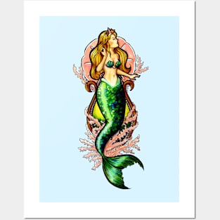 Emerald Mermaid in Coral Posters and Art